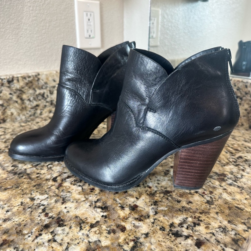 Gianni Bini Black Leather Ankle Booties with Stacked Wood Heel